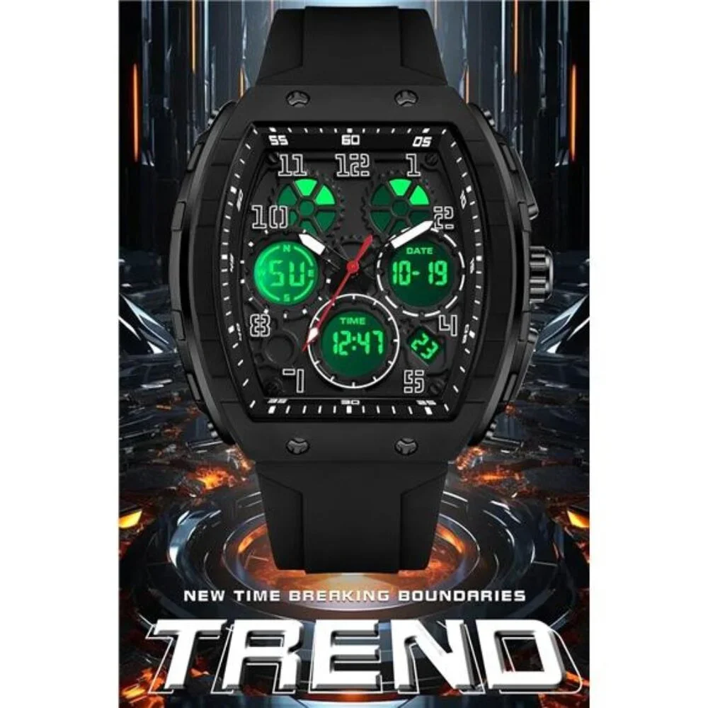 Mens Rectangular Watch With Digital Analog Dual Time Display Square Dial